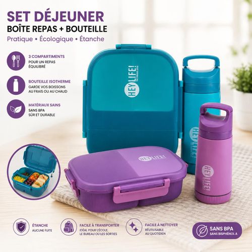 2 Boîte à Repas 3 Compartiments + Bouteille Isotherme Sans BPA