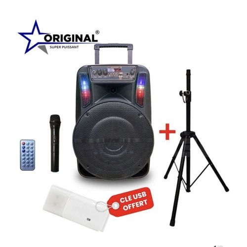 Super Power Enceinte Bluetooth Portable D12 + 1 Micro + 1 Télécommande - Noir + Trépied & Clé USB Offerte