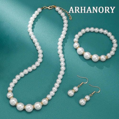 3 pièces/ensemble Ensemble collier, boucles d'oreilles et bracelet de mariage en fausses perles pour femme Bijoux de mariée