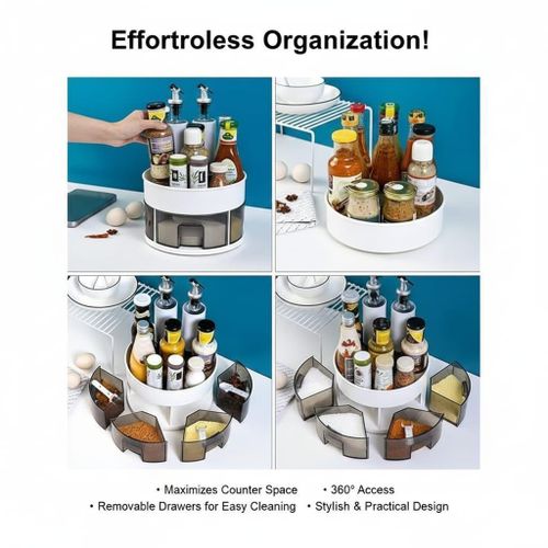 Organisateur d'Épices Tournant 360° (Lazy Susan) Multifonctionnel - 2 Niveaux, Tiroirs Amovibles - Gain de Place Idéal Cuisine, Réfrigérateur & Salle de Bain