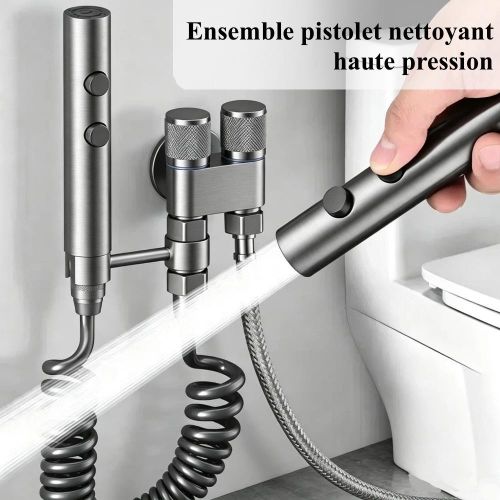 Pistolet Nettoyeur Toilette en Acier Inoxydable,Chasse d’Eau Domestique ,Double Débit Haut/Bas Pression,Valve à Double Sortie pour Salle de Bain