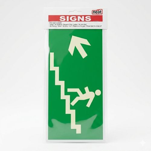 Panneau de Sortie de Secours NEAT - Direction Escalier Haut Gauche - Signalisation Sécurité Incendie Haute Visibilité - Installation Facile pour Bureaux et ERP