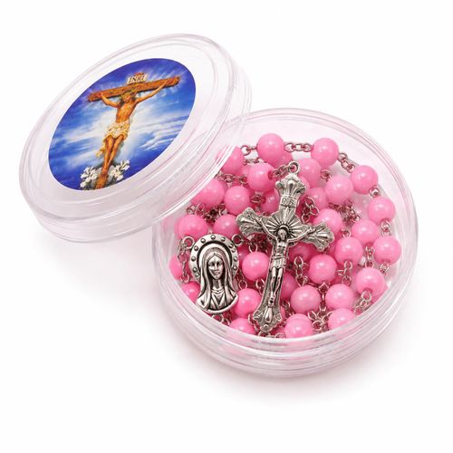 Chapelet Catholique de Poche Rose avec Boîtier Rond – Cadeau Religieux pour Baptême, Communion et Prière Quotidienne