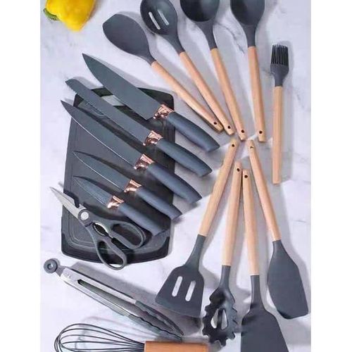 Set Couteaux de cuisine, ensemble d'Ustensiles de cuisine de 19 pièces, comprenant 5 couteaux et 13 Ustensiles de cuisine en silicone, ainsi qu'une boîte de rangement(Gris)