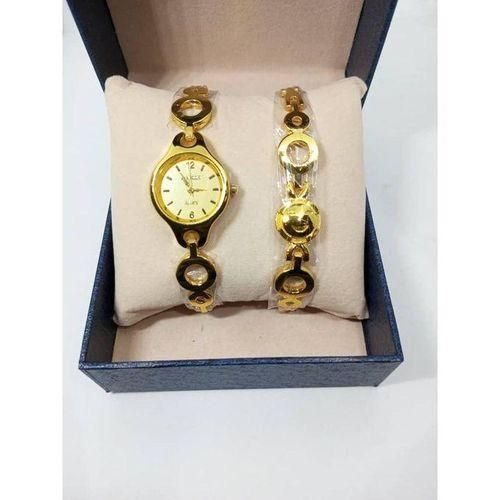 Mode Ensemble Montre + Bracelet Rond Doré