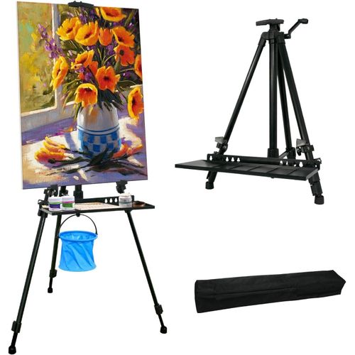 1 Piece Adjustable Aluminum Canvas Stand Tripod for Tabletop and Floor Display with Tray/Carrying Bag - Black