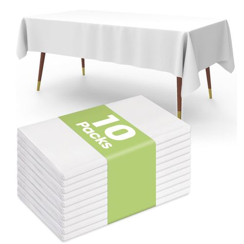 Nappe Jetable Pack de 10, Nappes Décoratives pour Tables Rectangulaires, Couverture Plastique Blanche, Étanche et Solide, Blanc 54 x 108 pouces