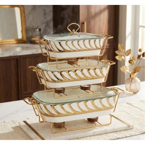 Ensemble Chauffant Rectangulaire Étagé de Luxe – 3 Plats de Présentation