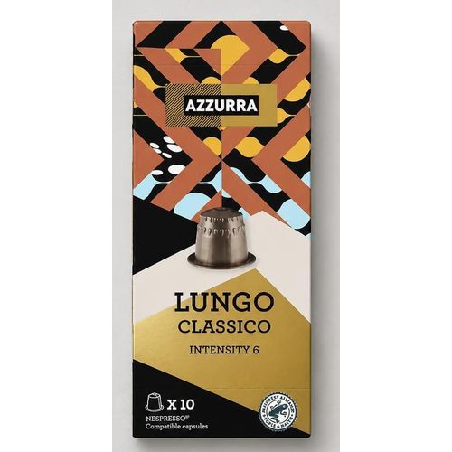 Nouveau pack, 10 capsules aluminium de café AZZURA, Lungo Classico, intensity 6, . Compatible machine Nespresso. Café arabica torréfié et moulu en capsule.