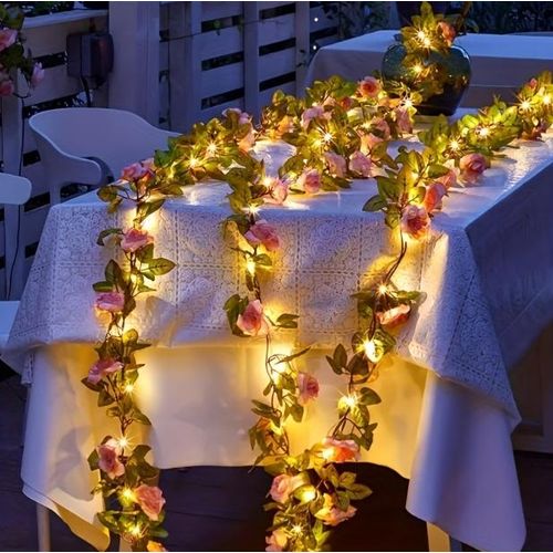 Guirlande lumineuse de 20 roses c hampagne à LED - Guirlande florale - 200 cm avec interrupteur - Thème floral décoratif de Noël - Plastique, fonctionne sur piles (piles non incluses)