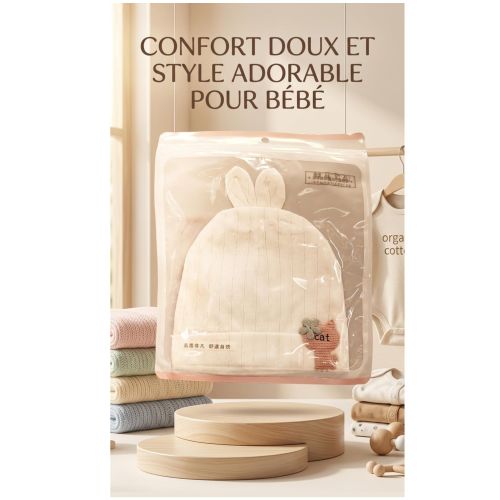 Bonnet de Naissance Bébé - Oreilles de Lapin Adorables - Coton Doux Premium