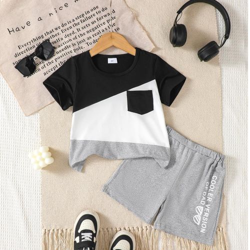 4-7 ans Garçons Ensemble Sportif Stylé: Design Bicolore Noir Blanc Gris, T-shirt Manches Courtes avec Poche & Short Ceinture Élastique, Idéal pour Quotidien, Maison & Sports Légers, Imprimer Version Cool du Papa