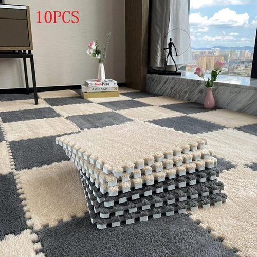 Lot de 10 Tapis Emboîtables En Mousse Moelleuse, Décoration De Tapis à Faire Soi-Même Tapis De Salon Rectangulaire - 30 x 30 cm (Gris + Marron)