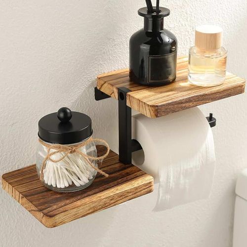 Porte-papier toilette double avec étagère de rangement - Support mural en bois à deux niveaux, sans perçage, pour la salle de bain