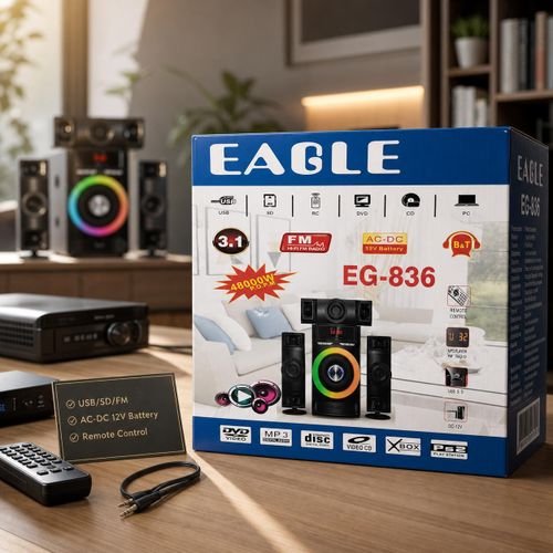 Haut-Parleur Multimédia Home Cinéma 3.1 EAGLE EG-836 – Caisson de Basse Puissant 48000W POPM avec Bluetooth, Radio FM, Télécommande & Entrée Batterie 12V Pour TV, DVD, PC, Consoles