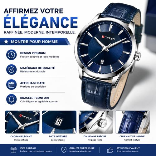 Montre Homme Élégante – Bracelet en Cuir Bleu – Affichage de la Date – Style Classique