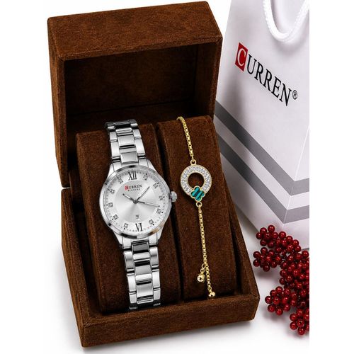 Coffret Cadeau Montre Femme Blanche & Bracelet Serti