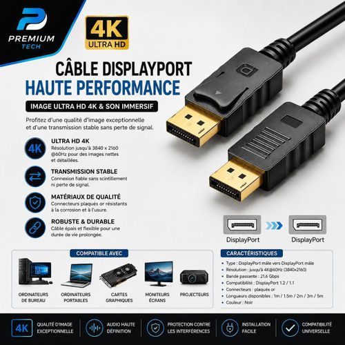 Câble DisplayPort vers DisplayPort – Ultra HD 4K 60Hz – Haute Performance avec Connecteurs Plaqués Or