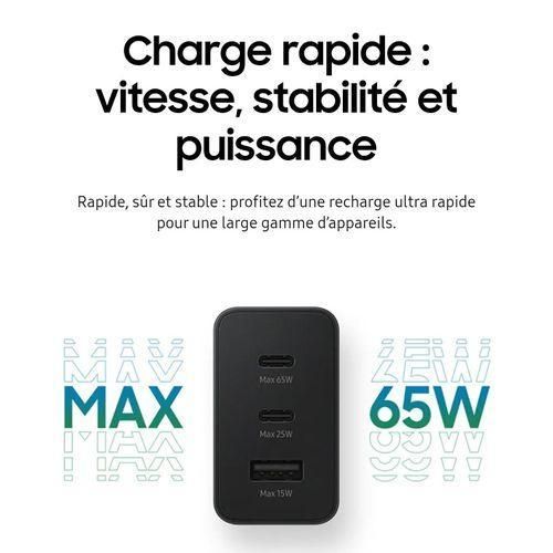Samsung Chargeur MultiFonction Charge Rapide Original 2 Ports USB-C, Port USB-A- 65w,25w,15w Noir