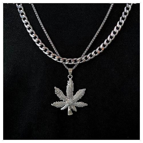 Collier Chaîne Cubaine + Feuille Pendentifs Mode Hommes-argent