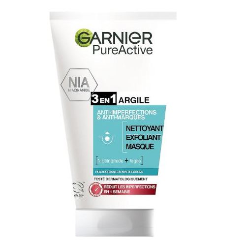 GARNIER Pure Active - Nettoyant 3-En-1 Argile - Nettoyant, Exfoliant & Masque - Anti-Imperfections & Anti-Marques - Niacinamide & Argile - Vegan & Cruelty Free - Peaux Mixtes à Grasses - 150 ml