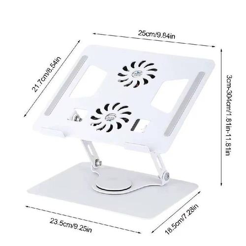 Support pour ordinateur portable en métal réglable, rotatif à 360 degrés, pliable, avec double ventilateur de refroidissement