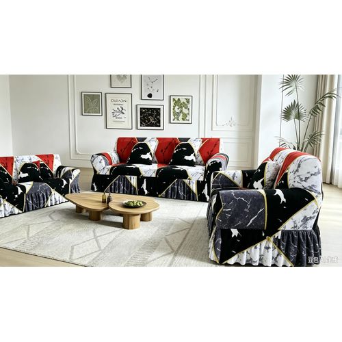 Housse de canapé extensible lot complet 3+2+2+4 coussins, motif marbré rouge noir blanc gris, housse à volant cache pied pour salon familial