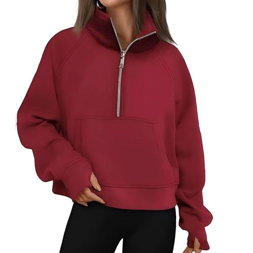 Pull femme à manches longues, quart de fermeture éclair-Rouge
