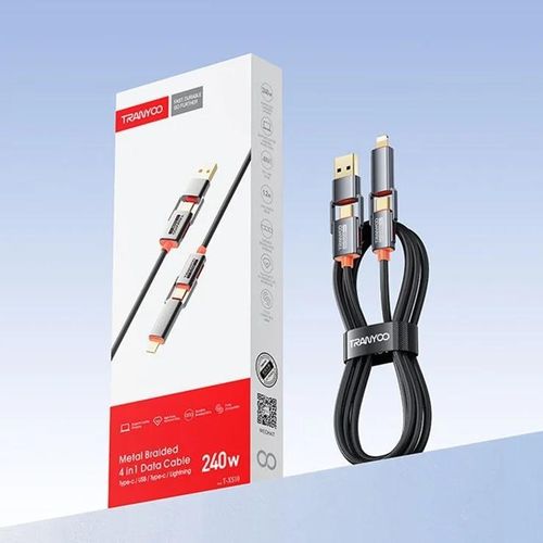 Câble de charge rapide TRANYOO 4 en 1 USB-C vers USB-C (240 W) avec connecteurs USB-A et Lightning intégrés (240 W), câble plat à charge rapide