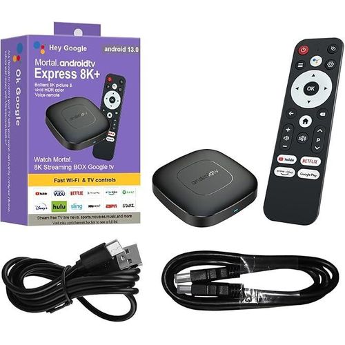 Boîtier TV Android Express 8K+ Ultra HD, 2 Go de RAM, 16 Go de ROM, Télécommande vocale, Wi-Fi, Système d'exploitation Android 14 - Boîtier TV avec Wi-Fi double bande 5 GHz intégré
