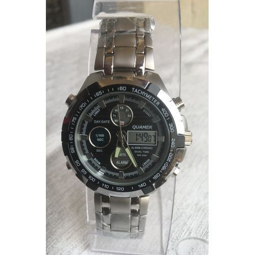 Quamer Montre Dual Chrono Analogique Et Numérique Fond Noir - Gris