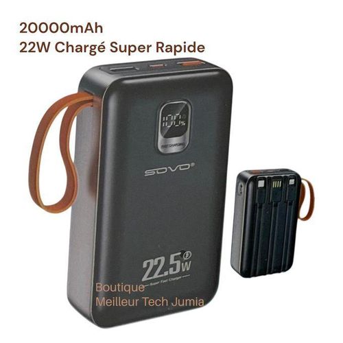 PREMIUM Sovo Power Bank 20000mAh PD-30 Charge Super Rapide 22w - 3 Câble Intégrée - Compatibilité Iphone Samsung Xiaomi Huawei Tecno Etc BG