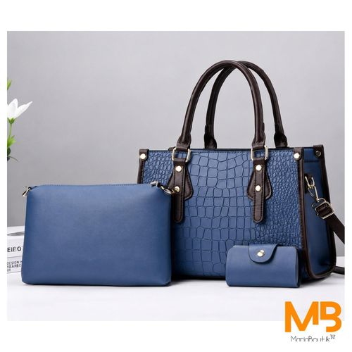 MBK Sac à main bleu effet crocodile et ses 2 pochettes assorties