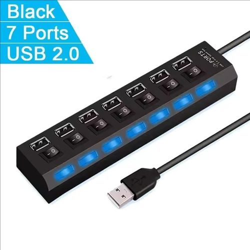 Hub USB 2.0 Haute Vitesse 7 Ports avec Commutateur à LED pour PC et Ordinateur Portable, Extendeur et Séparateur Multiple