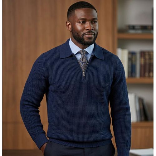 Pull Homme Col Chemise Zippé en Maille Gaufrée BLEU