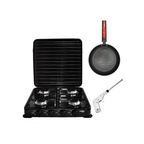 Cuisinière De Table 4 Feux Avec Couvercle Strié En Inox + Allume Gaz Et Poêle Offerts