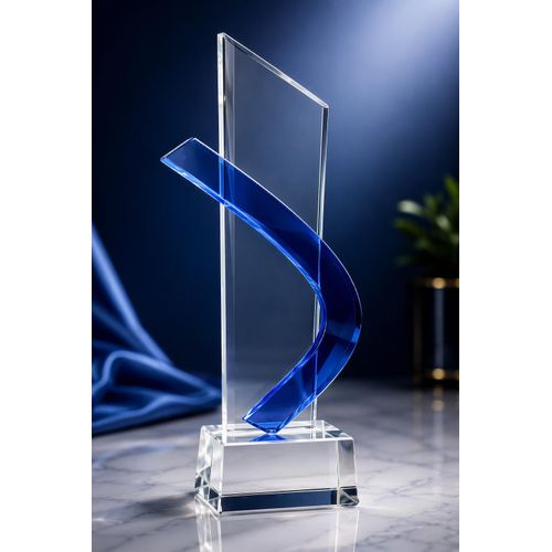 Trophée en Cristal Design Bleu avec Socle Transparent