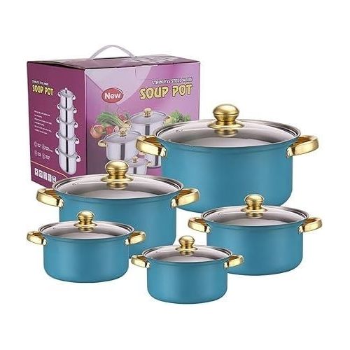 Ensemble de 10 pièces de batterie de cuisine, marmite à soupe en acier inoxydable à double poignée de couleur dorée, convient aux cuisines domestiques et aux plaques à induction - bleu foncé.