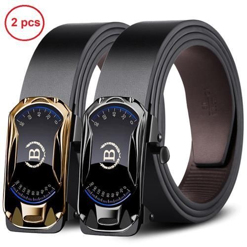 Lot de 2 ceintures en cuir à boucle automatique pour homme – Noir lustré et Or