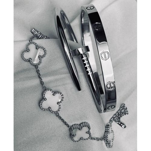 Lot de 3 Bracelets Femme Acier Inoxydable Argent – Bracelet Clou, Love & Trèfle Blanc – Élégant, Résistant à l'Eau