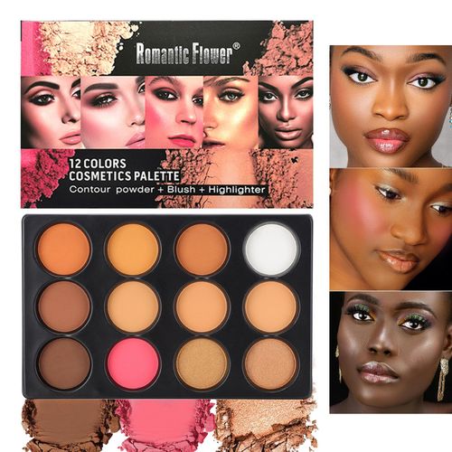 Palette visage 12 couleurs Fosmetics, palette de maquillage 3-en-1 comprenant highlighter, blush et bronzer en poudre. Longue tenue, cruelty-free et vegan, richement pigmentée. Cadeau maquillage idéal pour femmes et filles.