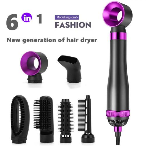 Sèche-cheveux 6 en 1 avec peigne chauffant, fer à friser, lisseur et brosse intégrée.