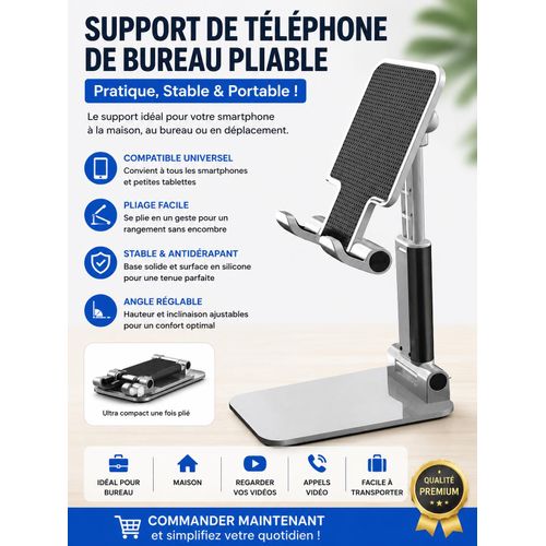 Support de Téléphone de Bureau Pliable Réglable – Support Universel pour Smartphone et Tablette