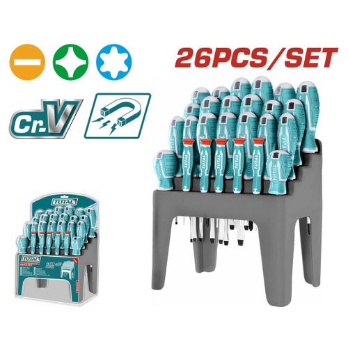 Jeu De 26 Tournevis En Acier Cr-V Avec Support De Rangement (THT250626) - Têtes Magnétiques & Manches Ergonomiques