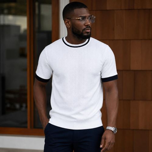 Pull Homme à Manches Courtes Col Rond – Élégant, Confortable et TendanceBLANC