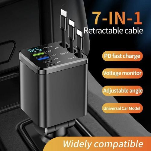 Chargeur de voiture numérique 7-en-1 avec câble rétractable, Adaptateur de téléphone pour voiture chargeur rapide, compatible avec iOS ou Android