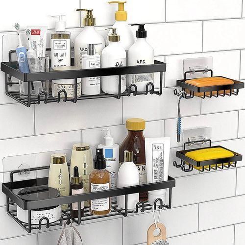 Étagère de Douche Sans Perçage Noir Mat – Lot de 4 Organiseurs de Salle de Bain Adhésifs (2 Grands Paniers + 2 Porte-Savons) – Serviteur de Douche Mural en Acier Anti-Rouille avec Crochets pour Shampoing et Rasoir