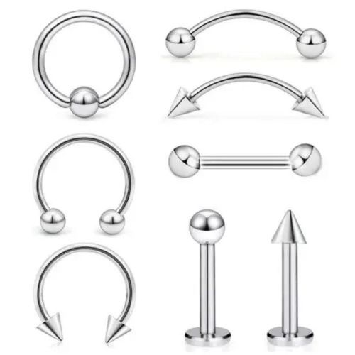 Lot de 8 piercings d'oreille en acier argenté (hélix, sourcils, labret, tragus, haltère) - Bijoux de corps - 1,2 x 8 x 3 mm