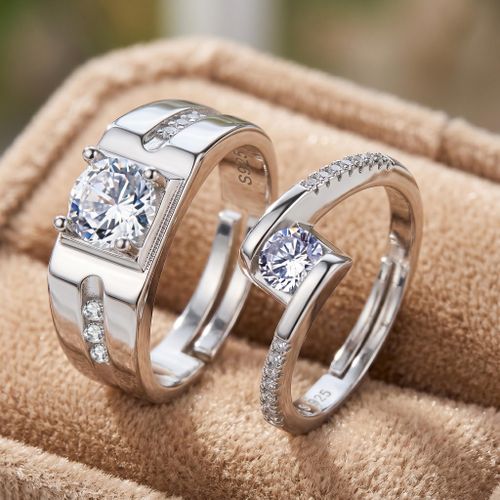 Bague de Couple 2 Pièces Taille Réglable Bague de Fiançailles Zircon Cadeau Saint-Valentin - Beauideal