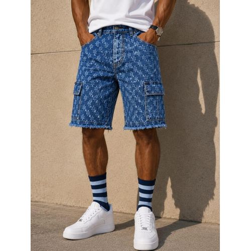 Bermuda Cargo en Denim Bleu – Imprimé Étoiles / Monogramme & Finition Effilochée